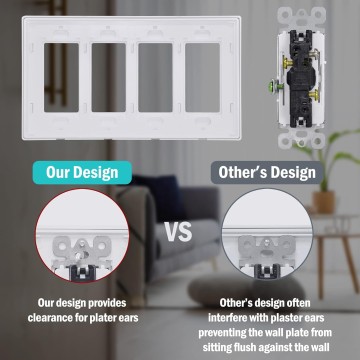 Decorator Screwless Wall Plate, 4-Gang Light Switch Covers, Decor Outlet Cover Plate, Standard Size 4.68”X 8.34”, Impact Resistant, White