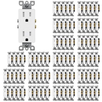 (100 Pack) 15 Amp Decor Wall Receptacle Outlet, Child-Safe Tamper Resistant (TR), 15A/125V, Standard Decorator Electrical Outlet, UL Listed, White