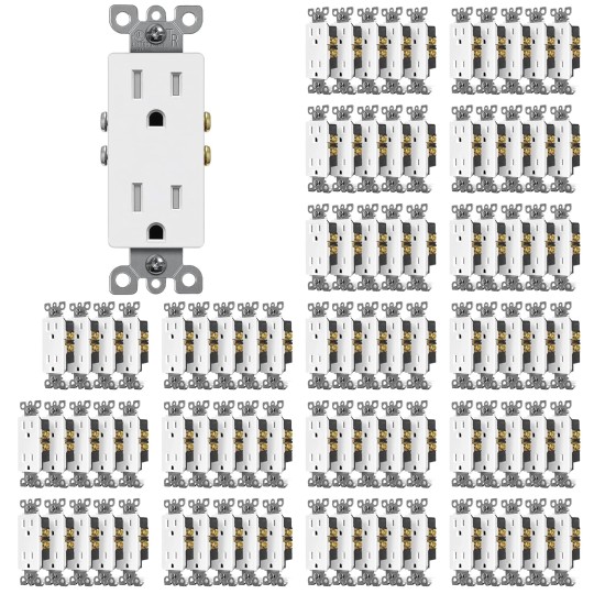 (100 Pack) 15 Amp Decor Wall Receptacle Outlet, Child-Safe Tamper Resistant (TR), 15A/125V, Standard Decorator Electrical Outlet, UL Listed, White