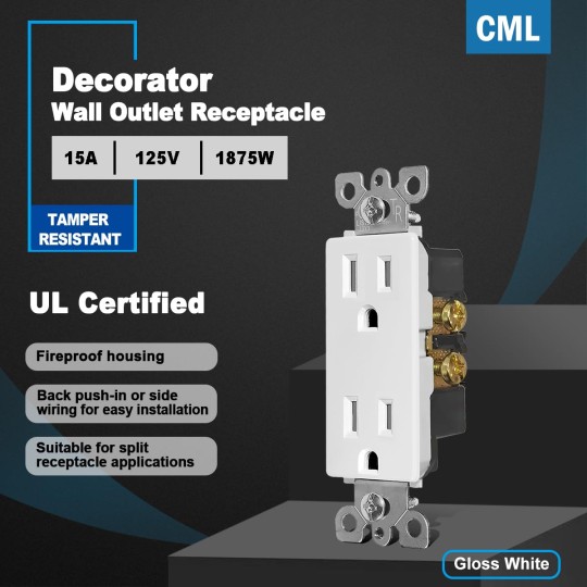 (100 Pack) 15 Amp Decor Wall Receptacle Outlet, Child-Safe Tamper Resistant (TR), 15A/125V, Standard Decorator Electrical Outlet, UL Listed, White