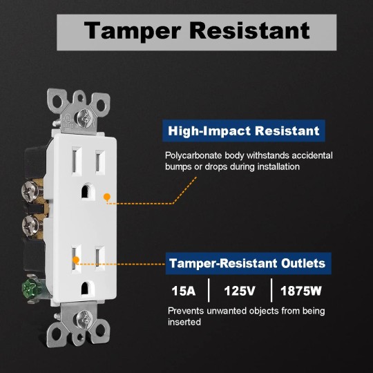 (100 Pack) 15 Amp Decor Wall Receptacle Outlet, Child-Safe Tamper Resistant (TR), 15A/125V, Standard Decorator Electrical Outlet, UL Listed, White