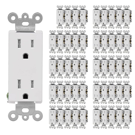 15 Amp Decorator Wall Recetpacle Outlet, 50 Pack Tamper Resistant (TR) Decor Standard Electrical Outlets, 15A/125V, 2 Pole 3 Wire, UL Listed, White
