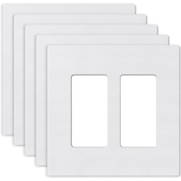 2-Gang Screwless Decorative Wall Plates, Mid-Size 4.88" height x 4.94" length Unbreakable Thermoplastic Faceplate Cover for Decorator Receptacle Outlet & Switch, UL Listed (5 Pack, Matte White)
