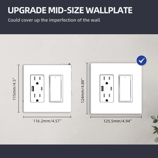 2-Gang Screwless Decorative Wall Plates, Mid-Size 4.88" height x 4.94" length Unbreakable Thermoplastic Faceplate Cover for Decorator Receptacle Outlet & Switch, UL Listed (5 Pack, Matte White)