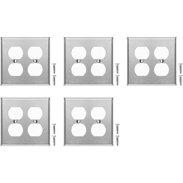 (Pack of 5) AP-10402 Duplex Receptacle Stainless Steel Wall Plate Switch and Electrical Outlet Cover, 2-Gang Standard Size 4.50" x 4.77", Corrosive Resistant Made of Unbreakable Metal