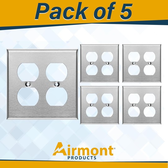 (Pack of 5) AP-10402 Duplex Receptacle Stainless Steel Wall Plate Switch and Electrical Outlet Cover, 2-Gang Standard Size 4.50" x 4.77", Corrosive Resistant Made of Unbreakable Metal