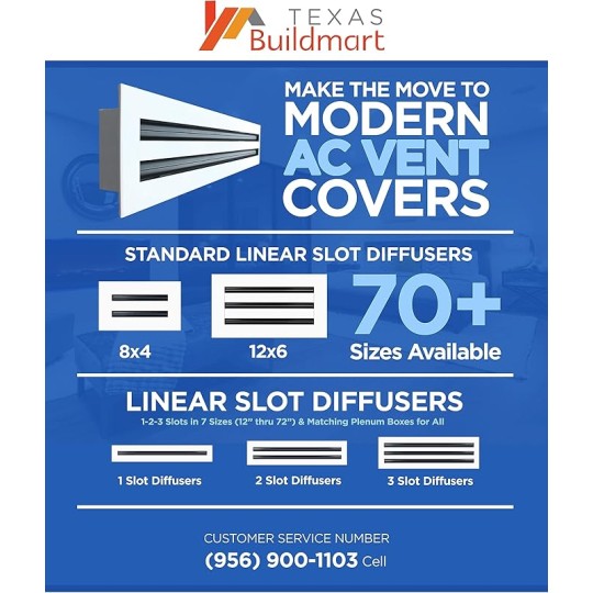 16x16 Modern AC Vent Cover - Decorative White Air Vent - Standard Linear Slot Diffuser - Register Grille for Ceiling, Walls & Floors - Texas Buildmart