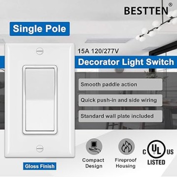 100 Pack Single Pole Decorator Wall Light Switch with Wall Plate, 15A 120/277V, On/Off Rocker Paddle Interrupter for LED and Other Lamps, UL Listed, White