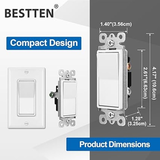 100 Pack Single Pole Decorator Wall Light Switch with Wall Plate, 15A 120/277V, On/Off Rocker Paddle Interrupter for LED and Other Lamps, UL Listed, White