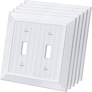 (5 Pack) Classic Toggle Light Switch Wall Plate, 2-Gang Outlet Covers, Vintage Retro Wood Grain Design, Standard Size 4.95”X 4.87”, Impact Resistant, White