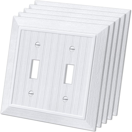 (5 Pack) Classic Toggle Light Switch Wall Plate, 2-Gang Outlet Covers, Vintage Retro Wood Grain Design, Standard Size 4.95”X 4.87”, Impact Resistant, White