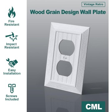 (20 Pack) Classic Single Duplex Wall Plate, 1-Gang Vintage Outlet Covers, Retro Wood Grain Design White Switch Plates, Standard Size 3.15”X 4.87”, Impact Resistant