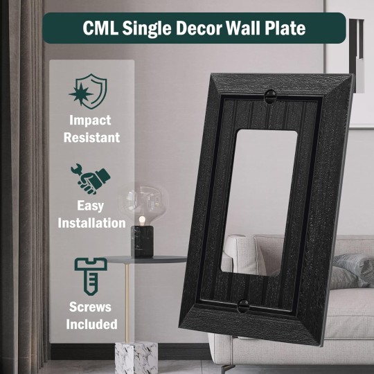 Classic Black Decorator Wall Plate, 1-Gang Beadboard Light Switch Covers, Retro Wood grain Design Outlet Cover, Standard Size 3.15”X 4.87”, Impact Resistant, 10 Pack