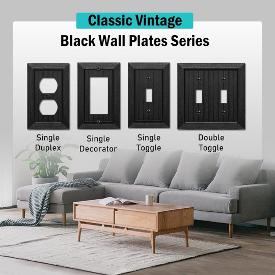 Classic Black Decorator Wall Plate, 1-Gang Beadboard Light Switch Covers, Retro Wood grain Design Outlet Cover, Standard Size 3.15”X 4.87”, Impact Resistant, 10 Pack