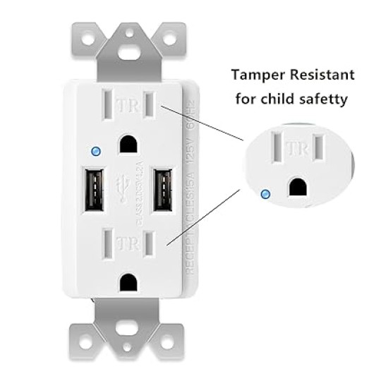 USB Wall Outlet, Outlet 4.2A Wall Outlet with USB Ports 15Amp Duplex USB Outlets Tamper Resistant USB Outlet Charger, Electrical Outlet with Dual USB Ports, White, 8PK