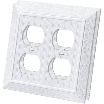 (2 Pack) Classic Double Duplex Wall Plate, 2-Gang Vintage Outlet Covers, Retro Wood Grain Design Beadboard Switch Plates, Impact Resistant, Standard Size 4.95”X 4.87”, White