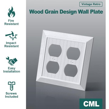 (2 Pack) Classic Double Duplex Wall Plate, 2-Gang Vintage Outlet Covers, Retro Wood Grain Design Beadboard Switch Plates, Impact Resistant, Standard Size 4.95”X 4.87”, White