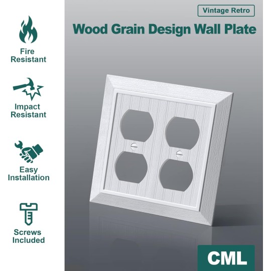 (2 Pack) Classic Double Duplex Wall Plate, 2-Gang Vintage Outlet Covers, Retro Wood Grain Design Beadboard Switch Plates, Impact Resistant, Standard Size 4.95”X 4.87”, White