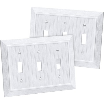 Classic Triple Toggle Switch Wall Plate, 3-Gang Outlet Cover, 2 Pack, Vintage Retro Wood Grain Design Beadboard Wallplate, Impact Resistant, Standard Size 6.87”X 4.87”, White