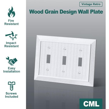 Classic Triple Toggle Switch Wall Plate, 3-Gang Outlet Cover, 2 Pack, Vintage Retro Wood Grain Design Beadboard Wallplate, Impact Resistant, Standard Size 6.87”X 4.87”, White
