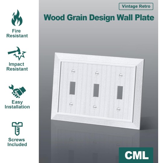 Classic Triple Toggle Switch Wall Plate, 3-Gang Outlet Cover, 2 Pack, Vintage Retro Wood Grain Design Beadboard Wallplate, Impact Resistant, Standard Size 6.87”X 4.87”, White