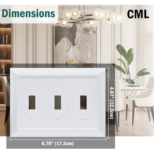 Classic Triple Toggle Switch Wall Plate, 3-Gang Outlet Cover, 2 Pack, Vintage Retro Wood Grain Design Beadboard Wallplate, Impact Resistant, Standard Size 6.87”X 4.87”, White
