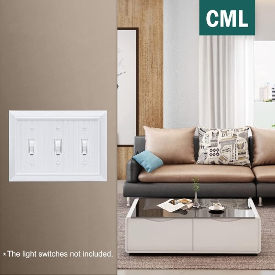 Classic Triple Toggle Switch Wall Plate, 3-Gang Outlet Cover, 2 Pack, Vintage Retro Wood Grain Design Beadboard Wallplate, Impact Resistant, Standard Size 6.87”X 4.87”, White