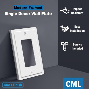Modern Framed Single Decorator Wall Plate, 1-Gang Decorative Switch or Outlet Cover, 10 Pack White Wallplate, Impact Resistant Polycarbonate, Standard Size 3.15”X 4.87”