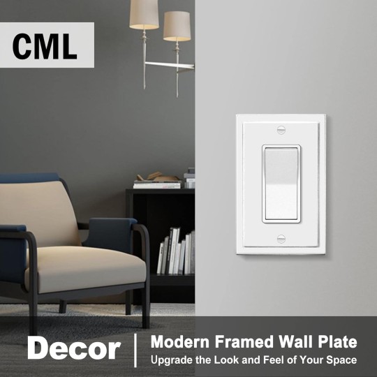 Modern Framed Single Decorator Wall Plate, 1-Gang Decorative Switch or Outlet Cover, 10 Pack White Wallplate, Impact Resistant Polycarbonate, Standard Size 3.15”X 4.87”