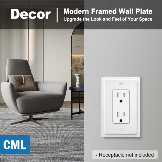 Modern Framed Single Decorator Wall Plate, 1-Gang Decorative Switch or Outlet Cover, 10 Pack White Wallplate, Impact Resistant Polycarbonate, Standard Size 3.15”X 4.87”