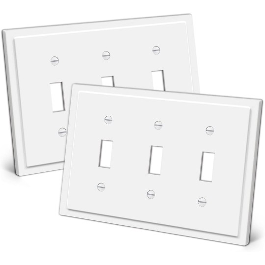 3-Gang Modern Framed Toggle Light Switch Wall Plate, Decorative Triple Outlet Covers, Impact Resistant Polycarbonate, Standard Size 6.87”X 4.87”, White, 2 Pack
