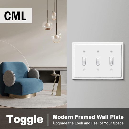 3-Gang Modern Framed Toggle Light Switch Wall Plate, Decorative Triple Outlet Covers, Impact Resistant Polycarbonate, Standard Size 6.87”X 4.87”, White, 2 Pack