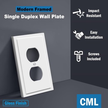 Modern Framed Single Duplex Wall Plate, 10 Pack Decorative Outlet Covers, 1-Gang Switch Plates, Impact Resistant Polycarbonate, Standard Size 3.15”X 4.87”, White