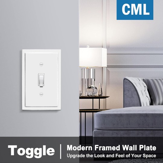 White Modern Framed Single Toggle Switch Wall Plate, 10 Pack Decorative 1-Gang Outlet Covers, Impact Resistant Polycarbonate, Standard Size 3.15”X 4.87”