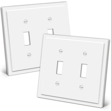 2-Gang Modern Framed Toggle Light Switch Wall Plate, Double Decorative Outlet Cover, Impact Resistant Polycarbonate, Standard Size 4.95”X 4.87”, 2 Pack, White