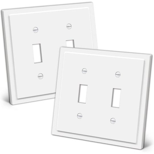 2-Gang Modern Framed Toggle Light Switch Wall Plate, Double Decorative Outlet Cover, Impact Resistant Polycarbonate, Standard Size 4.95”X 4.87”, 2 Pack, White