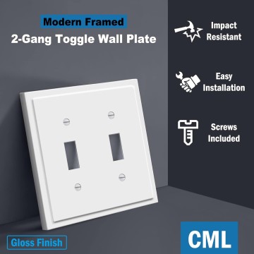 2-Gang Modern Framed Toggle Light Switch Wall Plate, Double Decorative Outlet Cover, Impact Resistant Polycarbonate, Standard Size 4.95”X 4.87”, 2 Pack, White