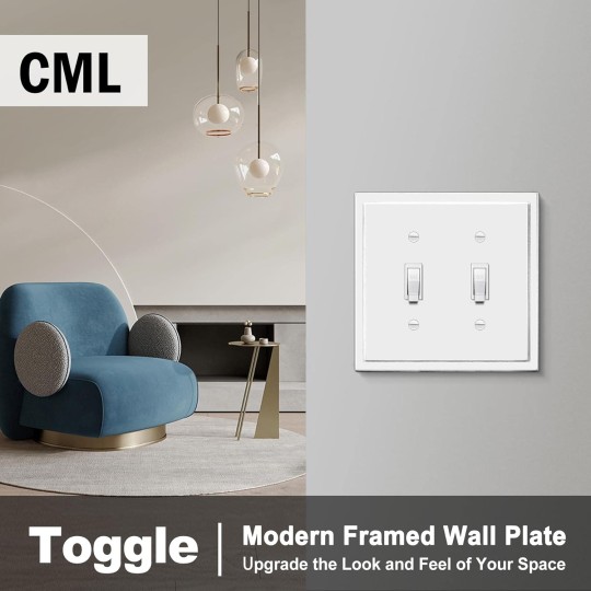 2-Gang Modern Framed Toggle Light Switch Wall Plate, Double Decorative Outlet Cover, Impact Resistant Polycarbonate, Standard Size 4.95”X 4.87”, 2 Pack, White