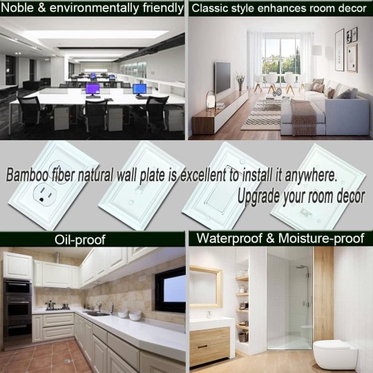 Wall Plates, Duplex Outlet Covers, Toggle Light Switch Plates, Decorator Light Switch Cover, Bamboo Fiber Material Standard Size Wall Plates of various styles, White (1 Gang Duplex 4 Pack)
