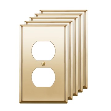 Duplex Receptacle Outlet Metal Wall Plate, Stainless Steel 201 Outlet Cover, Corrosion Resistant, Size 1-Gang 4.50" x 2.76", UL Listed, 7721-PB-5PCS, Polished Brass, Gold, 5 pack