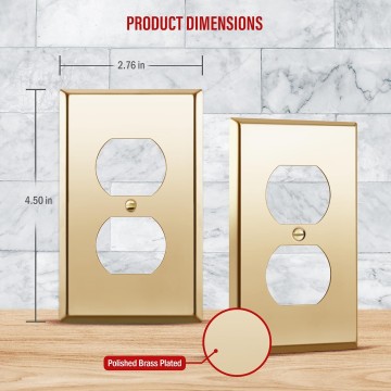 Duplex Receptacle Outlet Metal Wall Plate, Stainless Steel 201 Outlet Cover, Corrosion Resistant, Size 1-Gang 4.50" x 2.76", UL Listed, 7721-PB-5PCS, Polished Brass, Gold, 5 pack