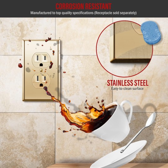 Duplex Receptacle Outlet Metal Wall Plate, Stainless Steel 201 Outlet Cover, Corrosion Resistant, Size 1-Gang 4.50" x 2.76", UL Listed, 7721-PB-5PCS, Polished Brass, Gold, 5 pack