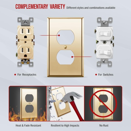 Duplex Receptacle Outlet Metal Wall Plate, Stainless Steel 201 Outlet Cover, Corrosion Resistant, Size 1-Gang 4.50" x 2.76", UL Listed, 7721-PB-5PCS, Polished Brass, Gold, 5 pack