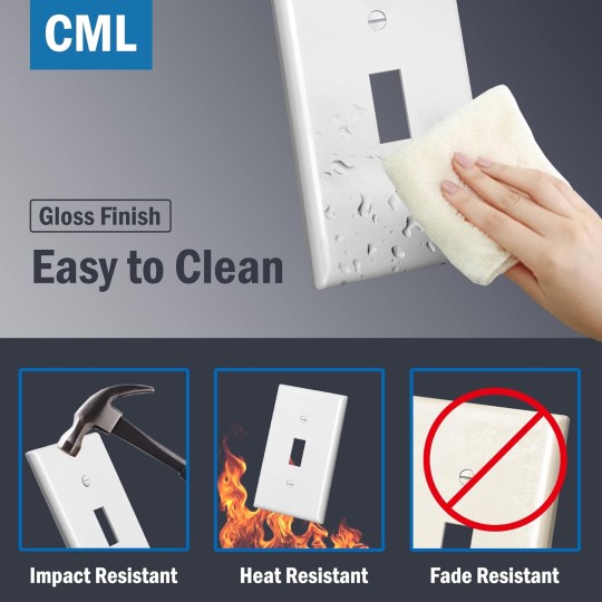 Mid-Size Light Switch Cover Plate, 10 Pack Toggle Switch Plate Covers, 1-Gang Electrical Wall Plates, Midway Size 3.18” x 5”, Impact Resistant, Gloss Finish, White
