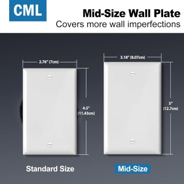Mid-Size Blank Wall Plate Cover, 10 Pack No Device Electrical Outlet Receptacle Covers, 1-Gang Switch Plates, Midway Size 3.18” x 5”, Impact Resistant, Gloss Finish, White