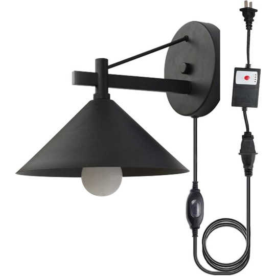 Timing Wall Sconce Metal Lighting Fixture with in-line Waterproof On/Off Switch Plug in Cord(6 FT) and a Timer Switch Plug in Cord,Smart Wall Lamp Turn On/Off The Light Automatically - 1 Pack