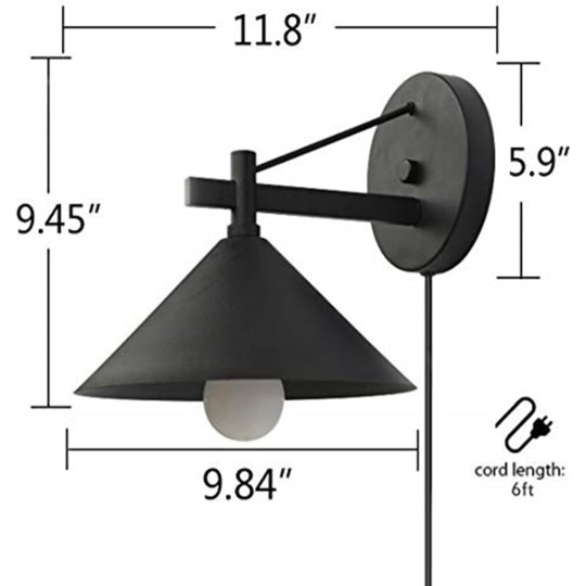 Timing Wall Sconce Metal Lighting Fixture with in-line Waterproof On/Off Switch Plug in Cord(6 FT) and a Timer Switch Plug in Cord,Smart Wall Lamp Turn On/Off The Light Automatically - 1 Pack