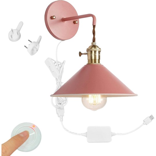 Remote Control Retro Wall Light with USB Plug Receiving Controller Metal Macaron Color Wall Light with Recessed Push Button Switch Cord (4.9 Feet) and Remote Control Switch - 1 Pack(Pink)