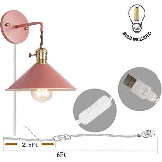 Remote Control Retro Wall Light with USB Plug Receiving Controller Metal Macaron Color Wall Light with Recessed Push Button Switch Cord (4.9 Feet) and Remote Control Switch - 1 Pack(Pink)