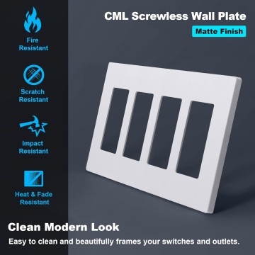 Matte White Decorator Screwless Wall Plate, 4-Gang Outlet Covers and Decor Light Switch Plates, Scratch and Impact Resistant, Polycarbonate, Standard Size 4.68” X 8.34”